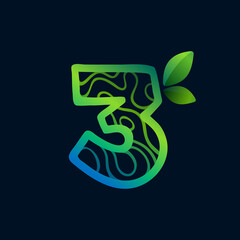 Number three logo with eco waves pattern.