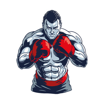 Muscular boxer isolated on white.  Champion boxing, stylized vector illustration.