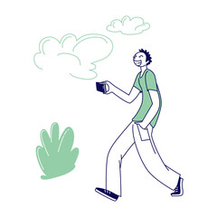 Young Male Character with Angry Smiling Face Record Video on Smartphone Outdoors to Publish in Social Media Networks. Student, Teenager Virtual Bullying, Harassment Concept. Linear Vector Illustration