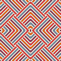 Wicker seamless pattern with geometric ornament. Vivid colors background with overlapping stripes. Fish scale motif.