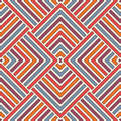 Wicker seamless pattern with geometric ornament. Vivid colors background with overlapping stripes. Fish scale motif.