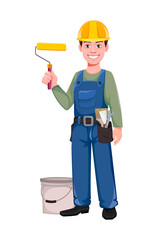 Painter cartoon character holding paint roller