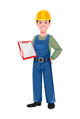 Builder cartoon character holding blank clipboard