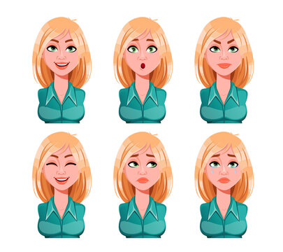 Face expressions of woman with blonde hair
