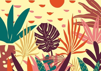 Tropical flowers, palm leaves, jungle leaves, hibiscus. Vector exotic floral illustration, Hawaiian bouquet for greeting card, wedding, Wallpaper. Set of abstract tropical leaves. Monstera