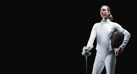 Charming girl dressed as a fencer posing with a mask and a sword. The concept of fencing.