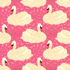 Seamless pattern with swans and leaves for invitations and postcards.