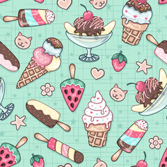 Seamless surface repeat vector pattern with colorful ice-creams, popsicles, strawberries, banana splits and cherries