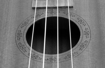 Close up, abstract details of stringed musical instruments including mandolins, guitars, and...