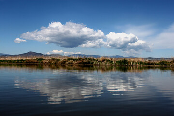 Lake scene in Montana with reflections of dynamic blue skies with clouds