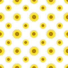 Seamless pattern with funny sunflowers. Decorative smiling plants. Vector illustration in cartoon style. For the design of books, covers, fabrics, children's textiles, wrapping paper.