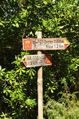 Madeira, Portugal - September 2017:Signpost for the levada walk to the 25 Fontes and the Risco waterfall