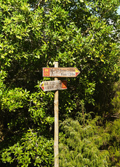 Madeira, Portugal - September 2017: Signpost for the levada walk to the 25 Fontes and the Risco waterfall