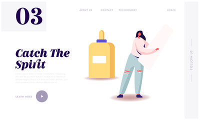 Aircraft Modeling Landing Page Template. Tiny Female Character Hold Detail from Airplane Model at Huge Bottle with Glue. Handmade, Woman Creative Hobby Occupation. Cartoon Vector Illustration