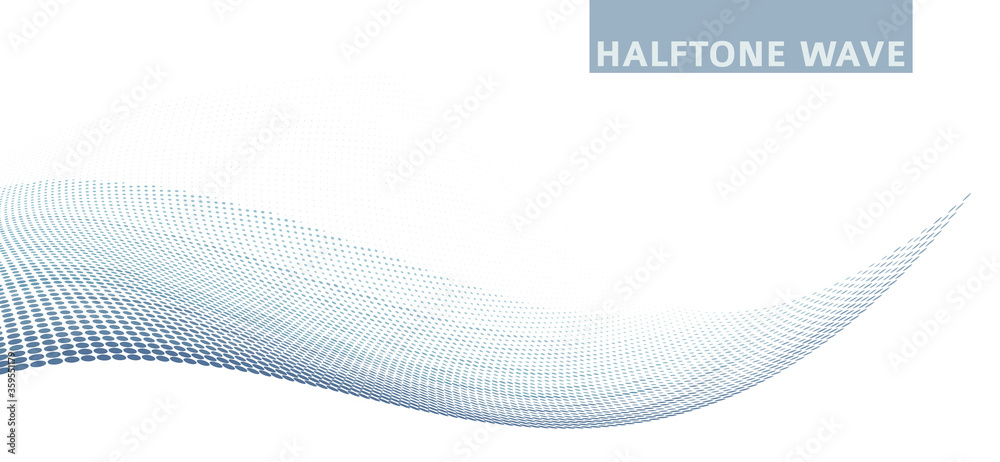 Poster blue gray dotted wave with halftone effect on white. vector