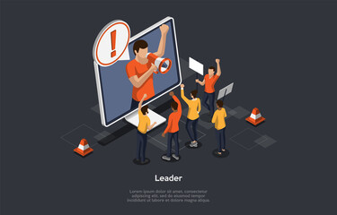 Mass Protest Action Concept. Dissatisfied People With Protest Banners Led By Leader On Monitor, Complain, Take Part In Strike, Defend Their Rights, Freedom. Isometric 3D Cartoon Vector Illustration