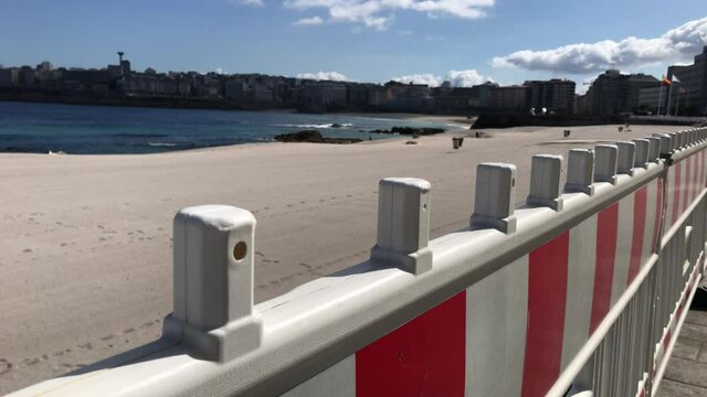 Precautionary and safety measures in summer by Covid 19 on Riazor beach in Coru&ntilde;a, Spain.