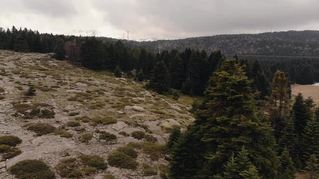 Aerial view of Uludag, Bursa, Turkey. Endless nature with mountains. Hills covered with green spruce trees 
