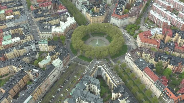 Aerial view Karlaplan Park, Square and Fountain in Stockholm, Sweden
