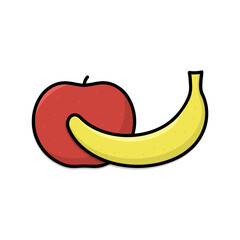 Fruits. Banana and red apple. Isolated on white background. Vector illustration.