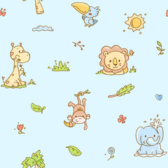 adorable seamless pattern with baby animals, tropical jungle theme on baby blue background