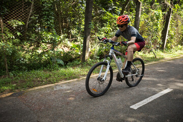 Fototapeta premium Woman riding on bike path at park on sunny day