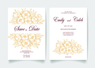 Fototapeta na wymiar Wedding invitation card, save the date with golden flowers, leaves and branches.