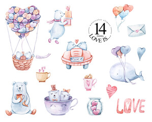 Watercolor hand painted bears in love illustration on white background. Cup of tea, bears, air balloons, whale clipart collection. Perfect for textile design, fabric, wrapping paper, scrapbooking
