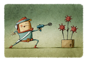 boy dressed as superhero plays shooting with a strange weapon at a virus that he has made.