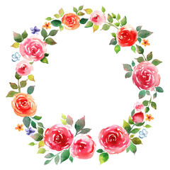 
Watercolor illustration of a wreath of orange and red roses.