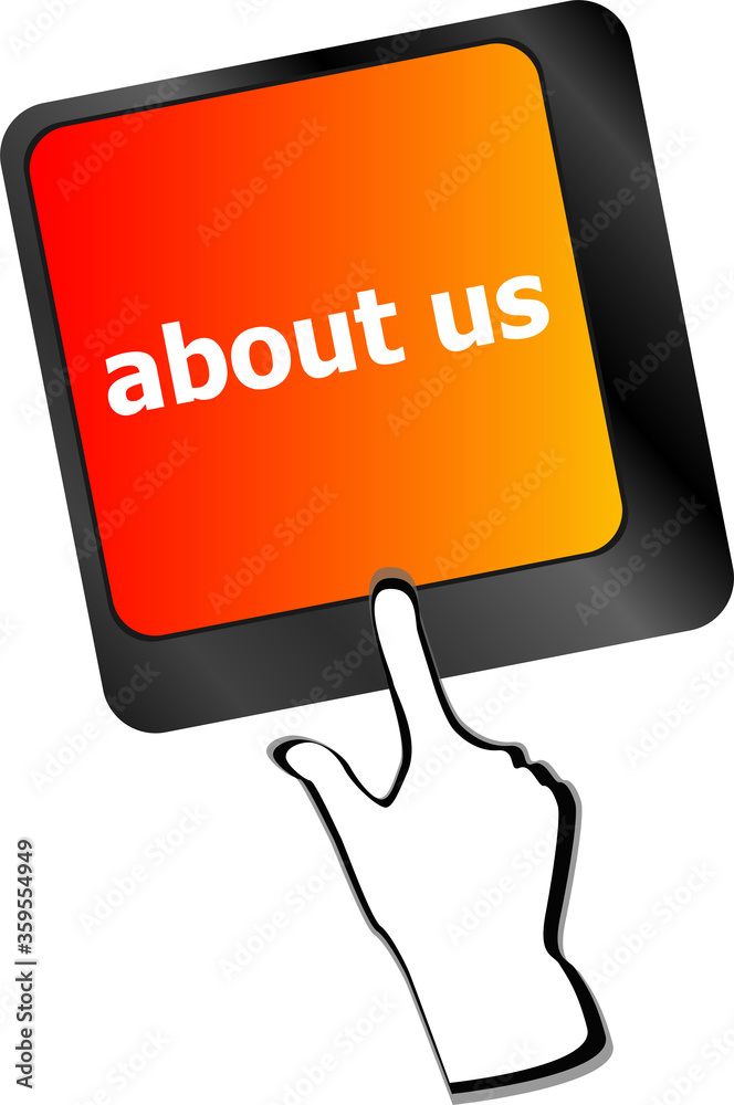 Poster marketing concept: computer keyboard with word about us, selected focus on enter button background