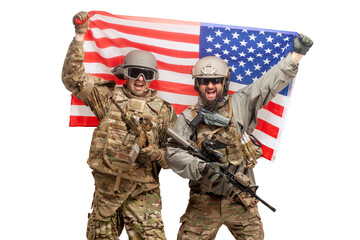 two american soldiers in uniform and with arms shout and raise the USA flag on a white background