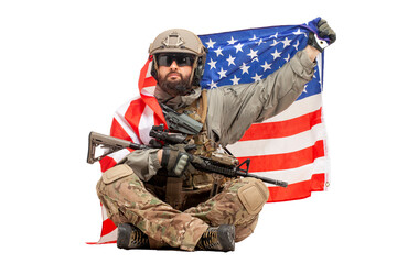 USA special forces in military equipment and with weapons sitting on a white background, American soldier with the flag of America