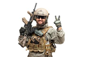 soldier in military equipment and with weapons shows a peace sign on a white background, a ranger smiles, portrait of a special forces