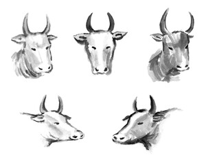 牛の水墨画セット