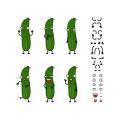 Funny cartoon cucumber character creation set vector illustration. Constructor with various gesture, emotion.