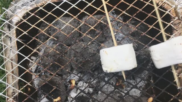 A marshmallow toasting over charcoal grill barbecue picnic