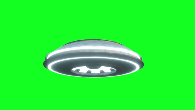 Flying saucer isolate on green screen. UFO. Realistic shaders and motion blur. 4K animation.