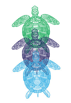 The sea turtle swims. Meditative coloring of antistress. Arrows, strips, scales, lines. Logo, print on the T-shirt. Children's painting, drawing by hand. 