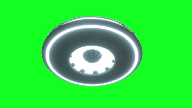 Flying saucer isolate on green screen. UFO. Realistic shaders and motion blur. 4K animation.