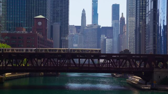 Chicago Loop Elevated Train Line and Bridges passing over Chicago River and Riverfront Downtown