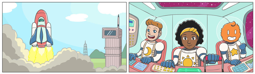 Cartoon illustration of a rocket launch with three astronauts, with a black woman leading the team

