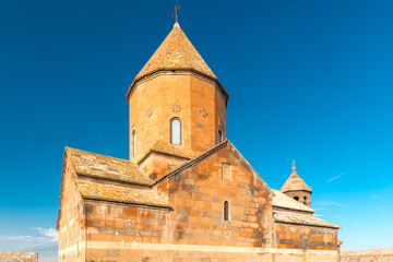 Khor Virap monastery architecture close-up on a background of blue sky, a landmark of Armenia