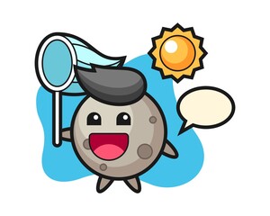 Moon cartoon is catching butterfly