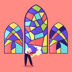 Stained Glass Manufacture, Handmade Hobby, Antique Craft. Tiny Male Character Painting Arched Window with Colorful Paints Holding Brush. Home Interior, Exterior Decoration. Cartoon Vector Illustration