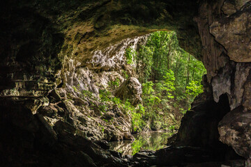 Rio Frio Caves and Cave Waterfalls in Belize. - obrazy, fototapety, plakaty