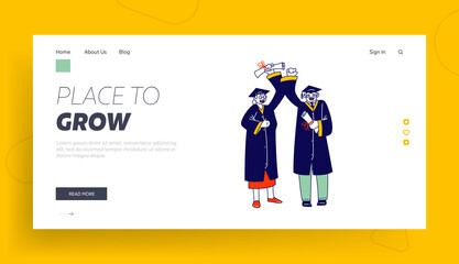 Obraz na płótnie Canvas Aged Student Characters Graduating from University Landing Page Template. Senior Man and Woman in Mantle and Academical Cap Holding Diploma Celebrating Graduation. Linear People Vector Illustration