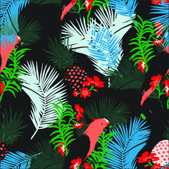 Obraz premium Tropical seamless pattern with exotic palm leaves, pineapple and parrot. Vector illustration.