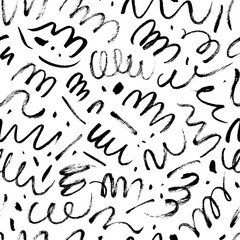 Wavy and swirled brush strokes vector seamless pattern. Black paint freehand scribbles, abstract ink background.