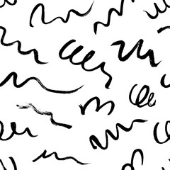 Wavy and swirled brush strokes vector seamless pattern. Black paint freehand scribbles, abstract ink background.